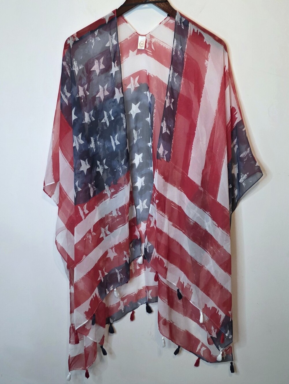 Cato American Flag Kimono Sheer Stars & Stripes Tassels Patriotic One Size